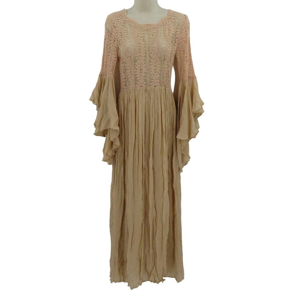 ByTimo Womens Small Beige Sheer Lace Long Sleeve Flowy Maxi Dress Boho Chic - Picture 1 of 12